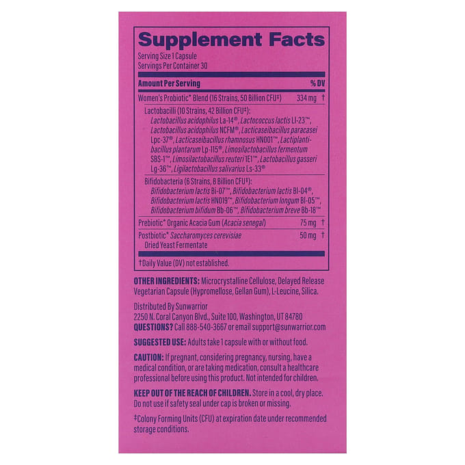 Sunwarrior, Probiotica voor Vrouwen, 30 Plantaardige Capsules