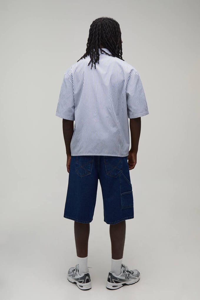 Oversized Halfmouw Gestreept Overhemd | Navy | Size XS