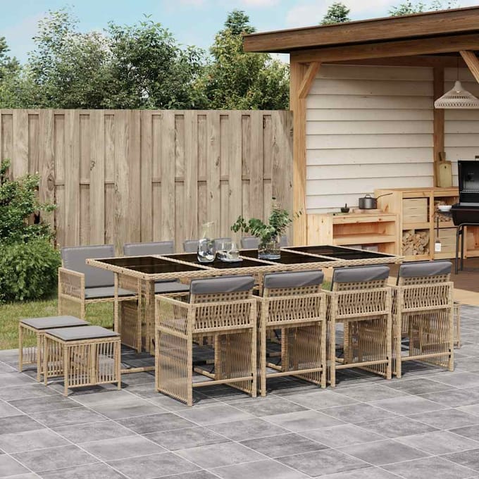 vidaXL - 13-delige - Tuinset - met - kussens - poly - rattan - gemengd - beige