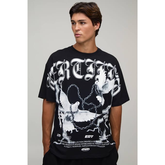 Zwart Oversized Gothic Duif Over De Naden Print T-shirt | Black | Size Medium
