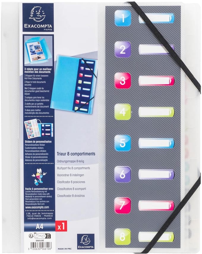Exacompta 10x Crystal PP Sorteermap 3 kleppen - 8 indelingen - Geassorteerd - 56610E