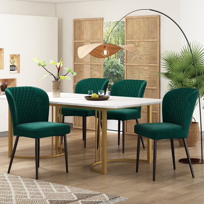 MODFU - Eethoekset - 4 Gestoffeerde Stoelen Met Rugleuning - Modern - Voor Eetkamer - MDF En Fluweel - Groen/Wit - 140 x 80 cm