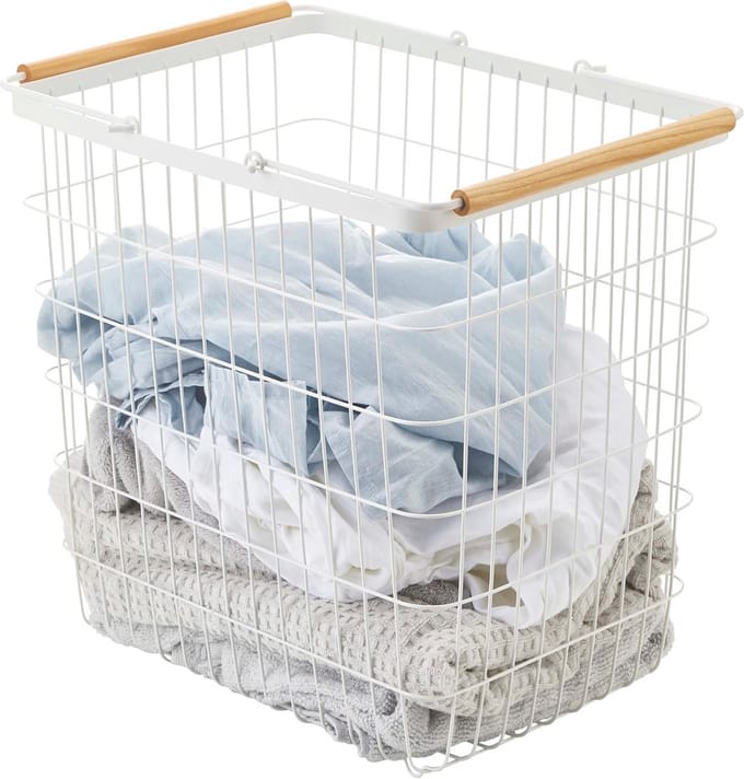 Wit Stalen Houten Wasmand - Ruimtebesparend Design - 41.5 x 31 x 38.5 cm