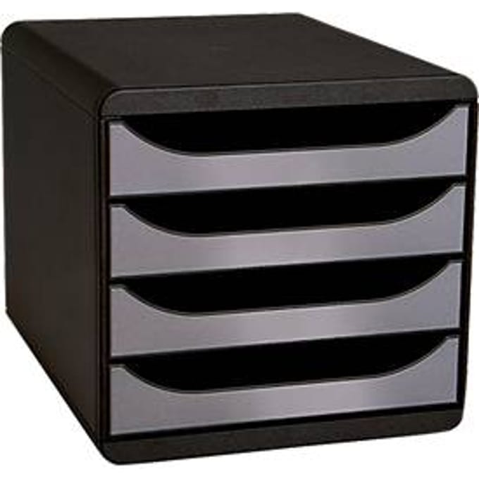 Exacompta Big Box Plus Metallic Zilver, 4 open laden A4/A4+/24x32 cm, geruisloos met stop, stapelbaar
