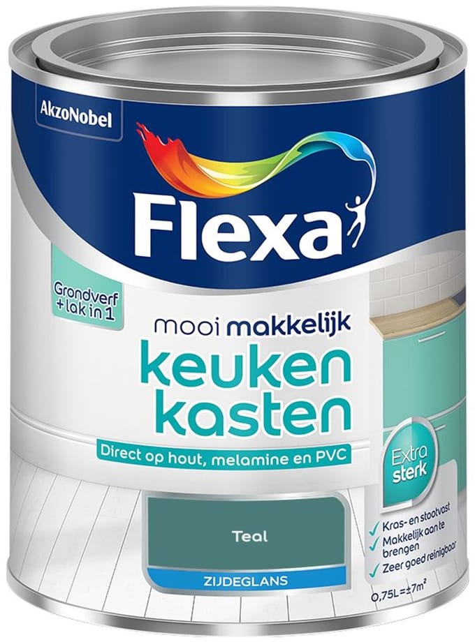 Flexa - Mooi Makkelijk Keukenkasten Zijdeglans - Teal - Mengverf - 750 Ml