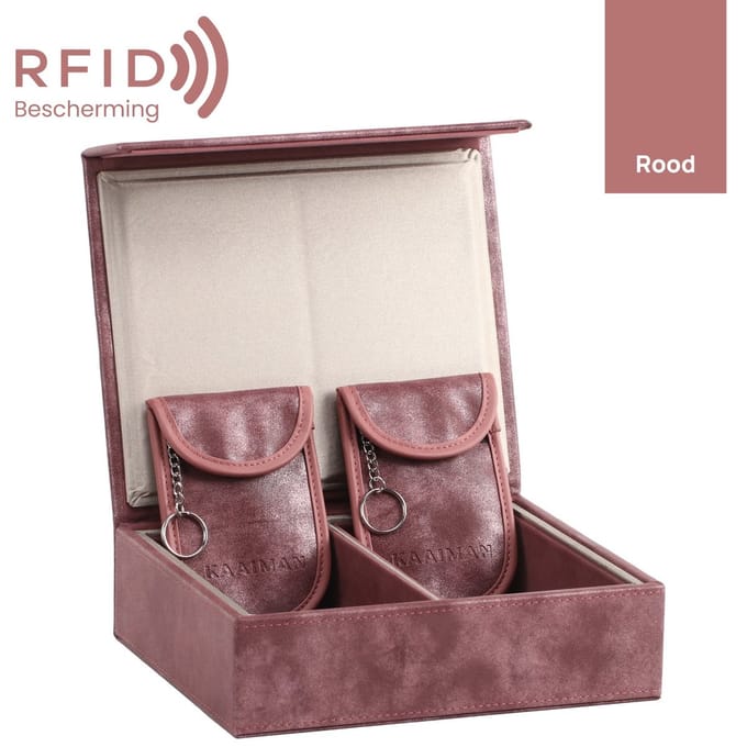 Kaaiman® Faraday Box met 2 RFID Beschermhoezen – Autosleutel Antidiefstal – Keyless Entry & RFID Beveiliging - Rood