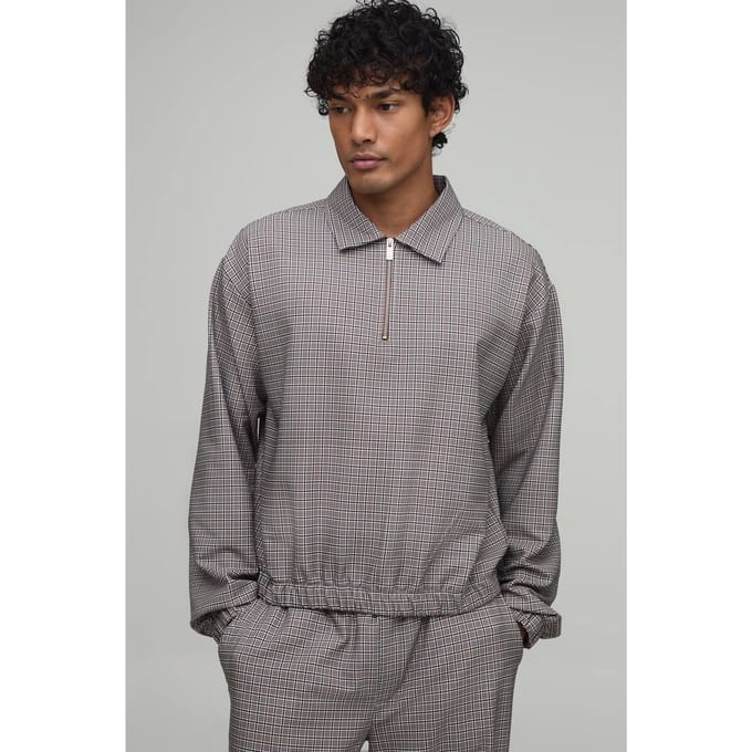 Oversized Geruit Technisch Stretch Harrington Overshirt | Ecru | Size Small