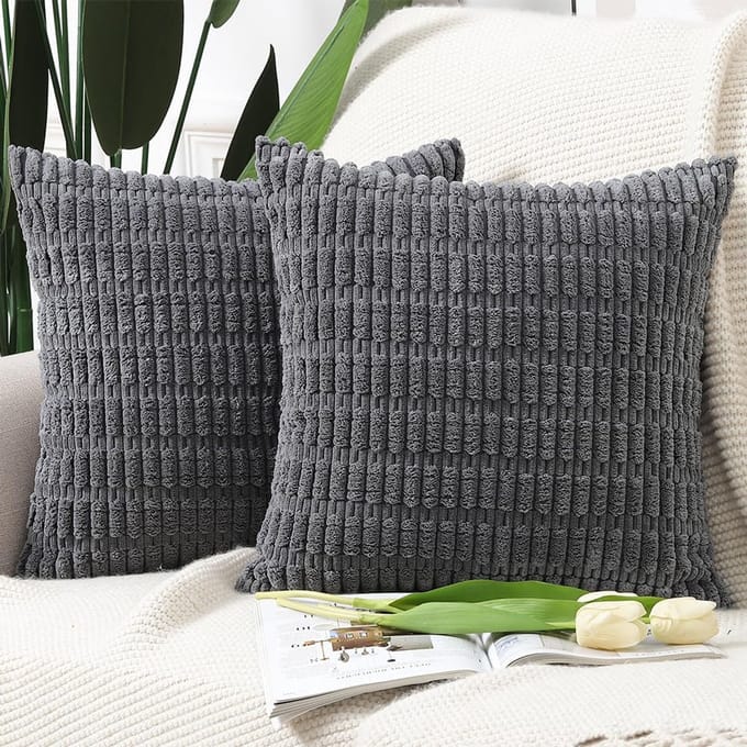 Set van 2 Boho Gestreepte Corduroy Kussenslopen voor Decoratief Gebruik 40x40 cm Donkergrijs