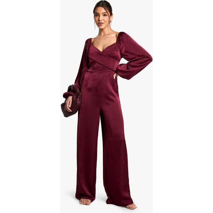 boohoo Dames Textured Satin Wrap Jumpsuit | Plum | Maat: 10