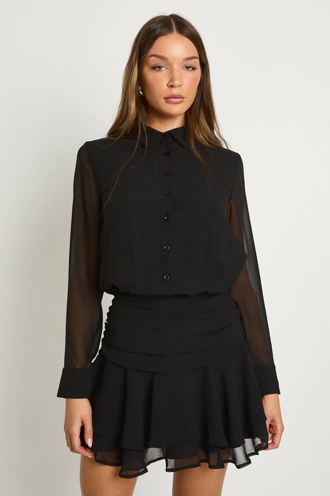 boohoo Dames Chiffon gedrapeerde mini shirtjurk | Black | Maat: 8