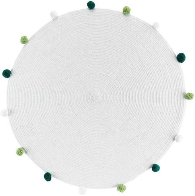 Orange85 Decoratief Rond Kleed - Laagpolig - Carpet - 90x90cm - Wit - Groene Pompons - Polyester