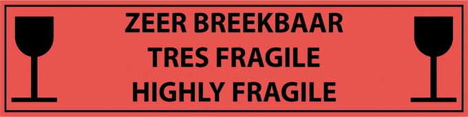 Zeer breekbaar 3-talig sticker, oranje zwart 200 x 50 mm