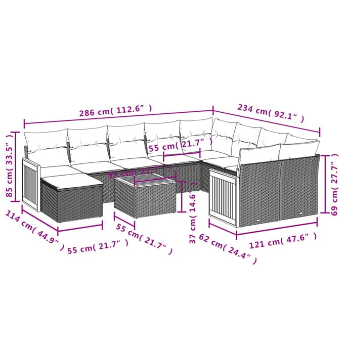 vidaXL - 11-delige - Tuinset - met - kussens - poly - rattan - beige