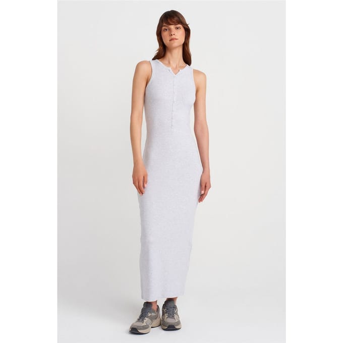 Geribbelde Katoenmix Mouwloze Maxi-jurk
