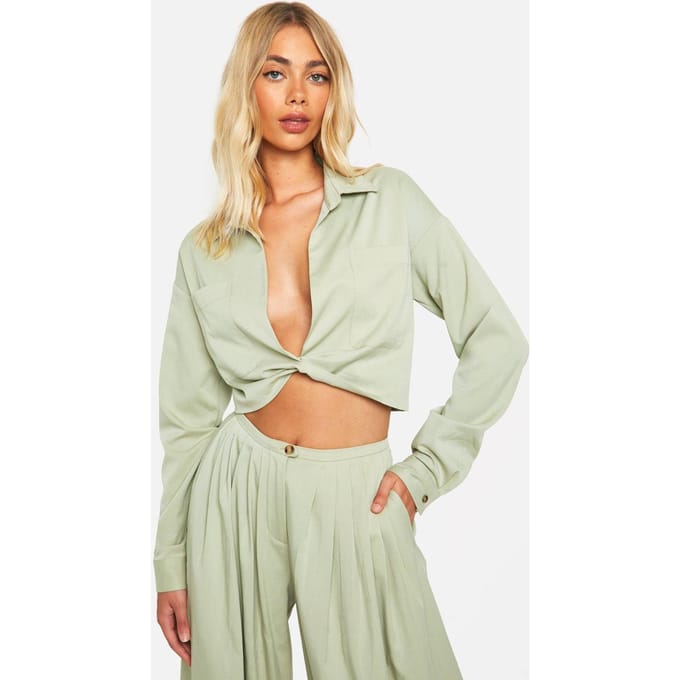 boohoo Dames Linnen Look Relaxed Fit Twist Front Shirt | Sage | Maat: 14