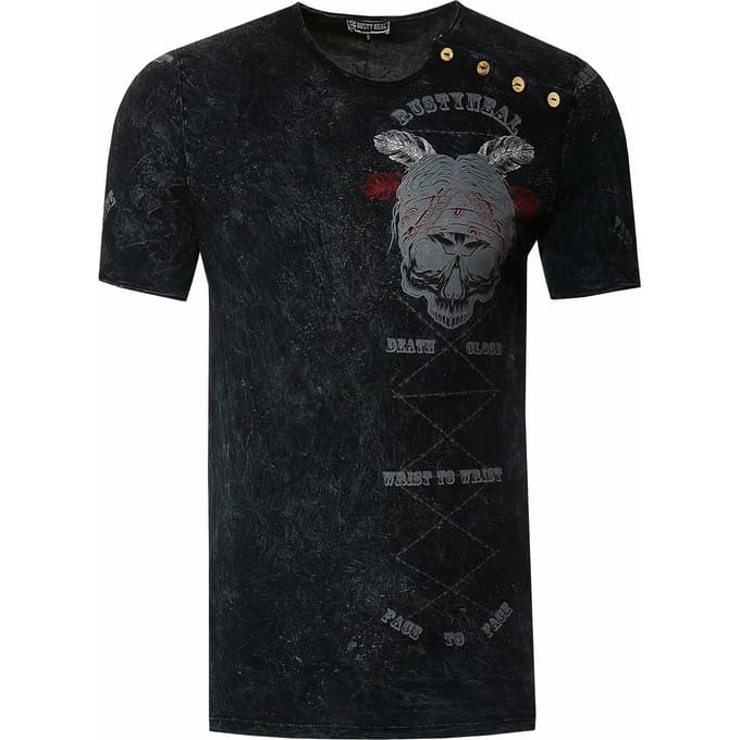 T-shirt met gewassen ronde hals, knoopsluiting en prints