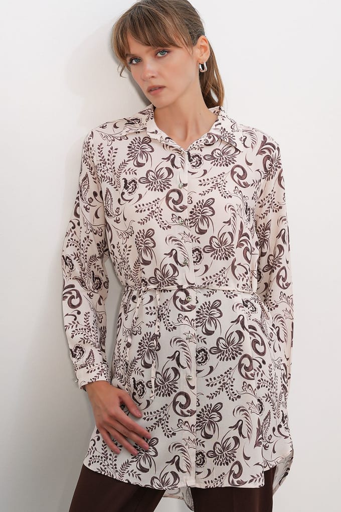 Floral Viscose Crepe Gemaakt Lange Shirt met Ceintuur
