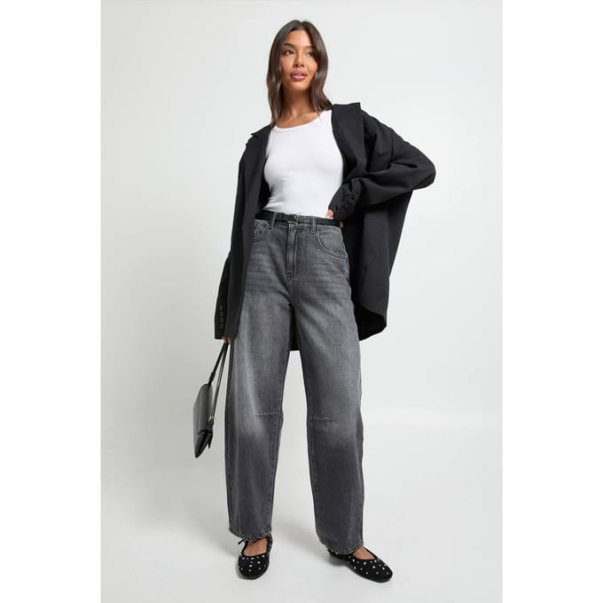 boohoo Dames Midden taille Barrel Fit jeans | Washed Black | Maat: 14