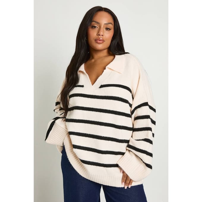 boohoo Dames Plus Soft Knoopkraag Gestreepte Trui | Ecru | Maat: 52
