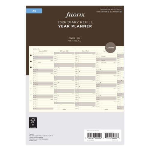 Filofax jaarplanner 2026 uitklapbaar, formaat a5, verticaal, kleur crème
