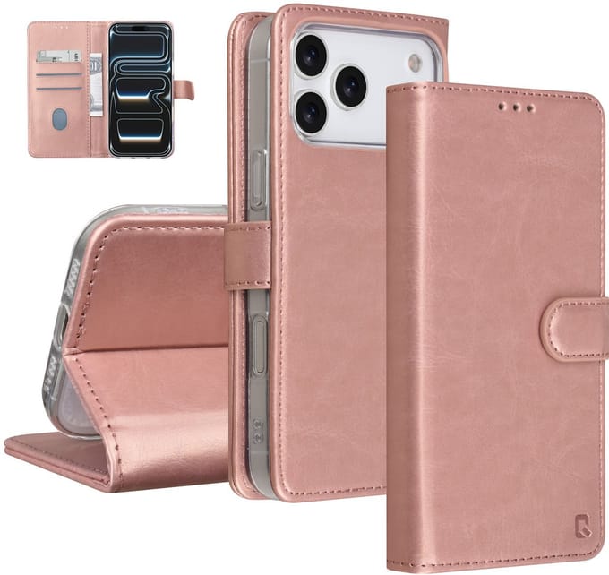 TUNIQ Book type case iPhone 17 Pro Max - Rose Gold - Card holder voor 3 kaarten - Magnetische sluiting