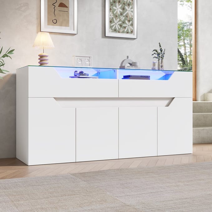 Clruro Dressoir - 140 x 40 x 70 cm - met LED en app-bediening - MDF + Gehard glas - Wit