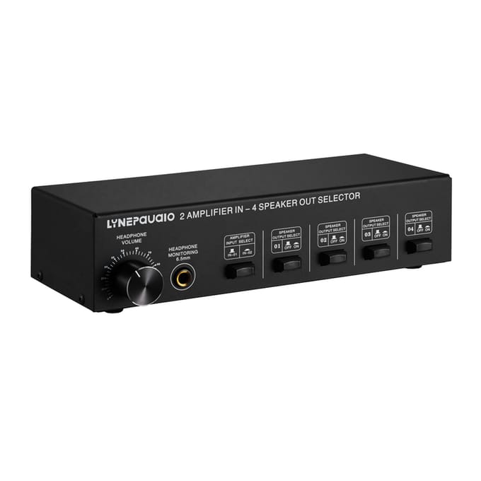 LINEPAUDIO 2 in 4 Out luidsprekerkeuzeschakelaar, 4 zoneversterker en luidsprekerkeuzeschakelaar met volume zwart