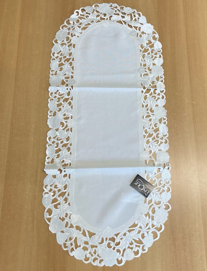 Tafelkleed Linnen gebroken wit met blaadjes - Loper 90 cm