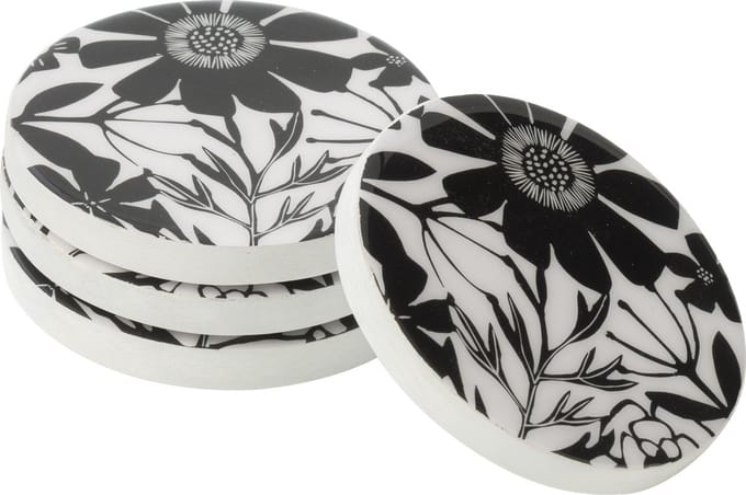J-Line onderzetter Bloemen - hout - zwart/wit - set van 4