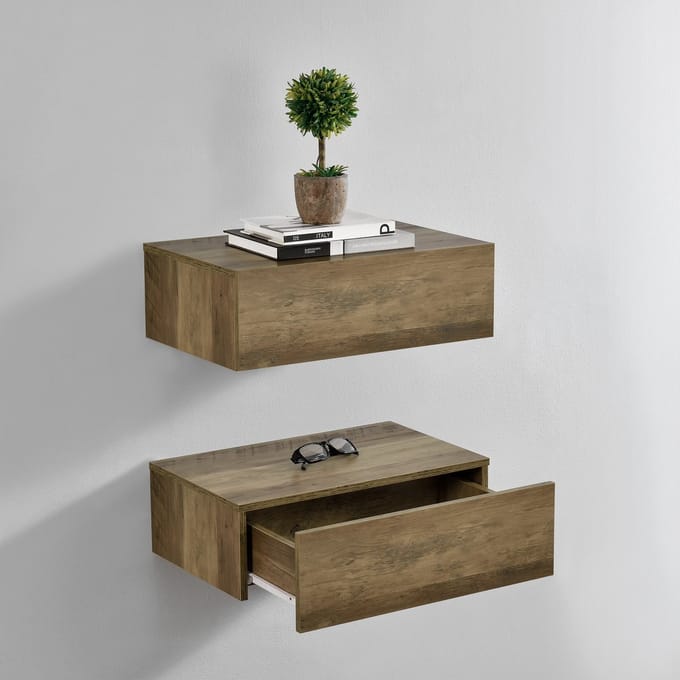 Wandplank met lade set van 2 zwevend 46x30x15 houtkleurig