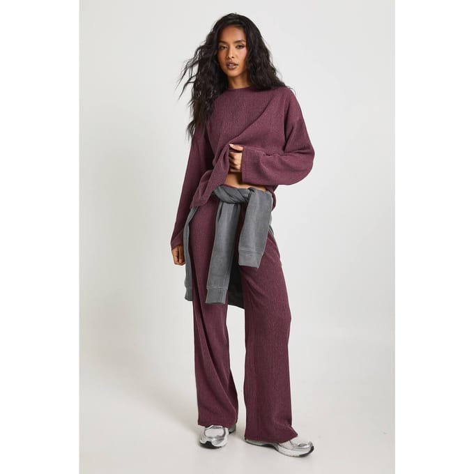 boohoo Dames Gestructureerde Wijde Broek met Trekkoord in de Taille | Plum | Maat: 8