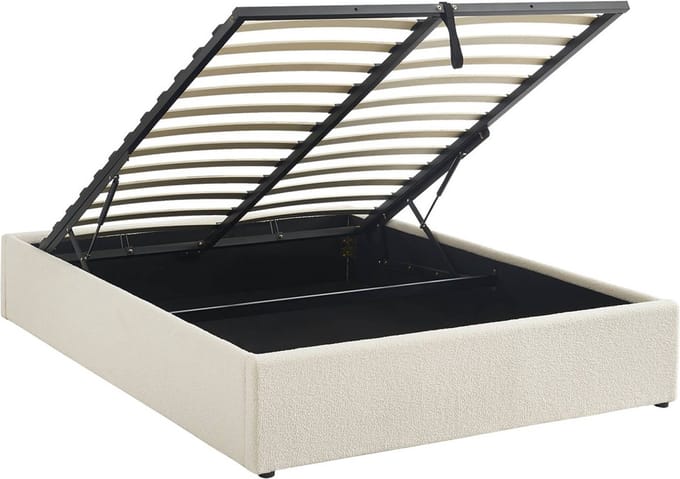 sweeek - Bed met lattenbodem en hoofdeinde, bouclé afwerking, wit