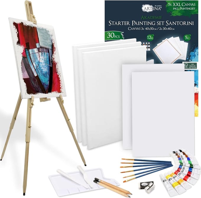 Artina Malaga & Santorini - Schilderset met Veldezel & Acrylverf - 30-delig - Inclusief 12 kleuren & penselen - Draagbare houten veldezel