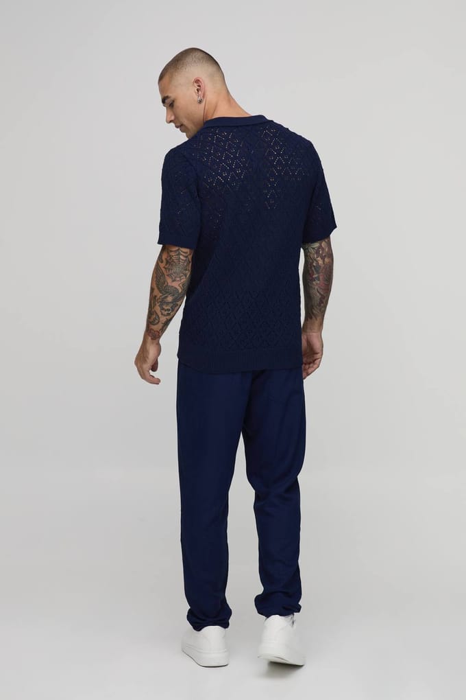 Slim Fit Half & Half Waist Linen Blend Trouser | Navy | Size XL