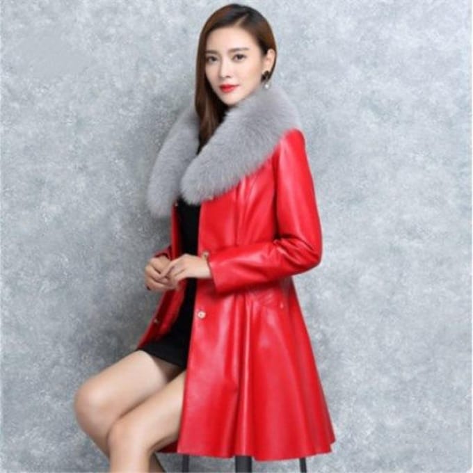 Dames Katoen Bontjas Middellang Slim Fit PU Lederen Jas 4XL rood
