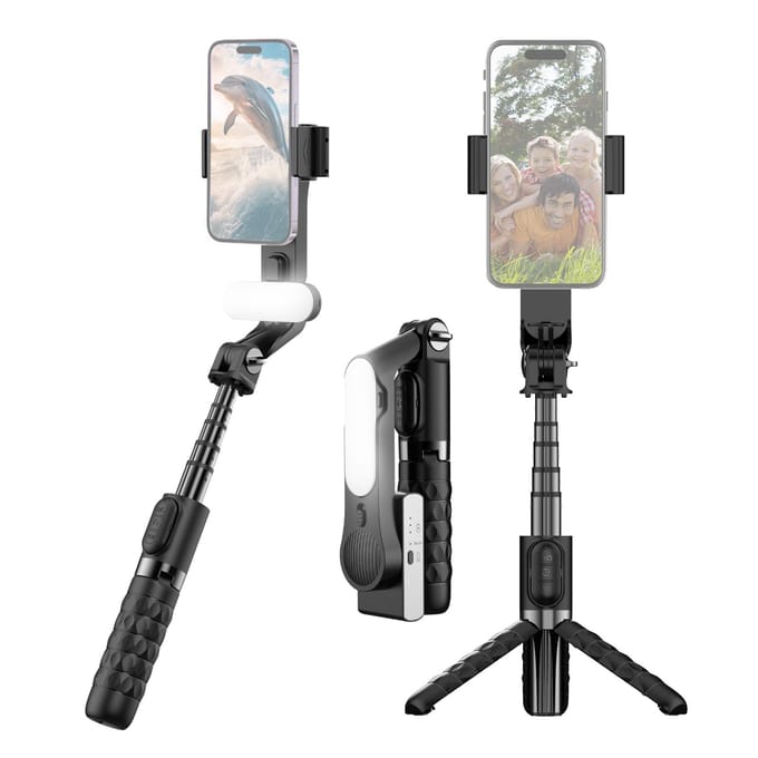 Stabilisateur Gimbal Portable pour Smartphone Perche à Selfie Extensible Trépied avec LED Détachable noir