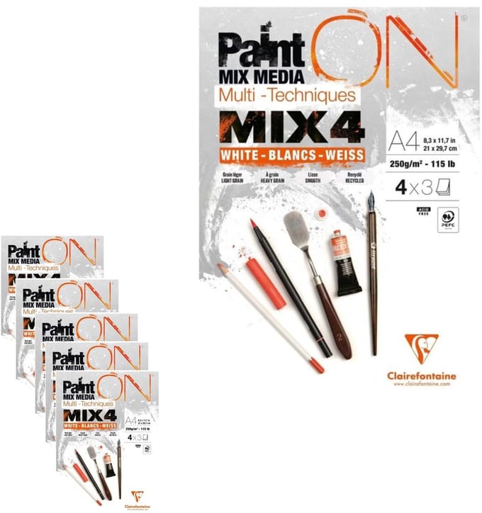 Clairefontaine - Paint ON - Multi-Techniek Pad - Tekenpapier - Schilderpapier - 4 papierstructuren - A4 - 12 vel - 5 stuks