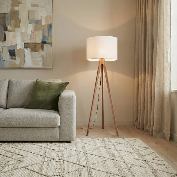 TK Lighting Vloerlamp Grand, crème/notenhout, hoogte 145 cm, E27