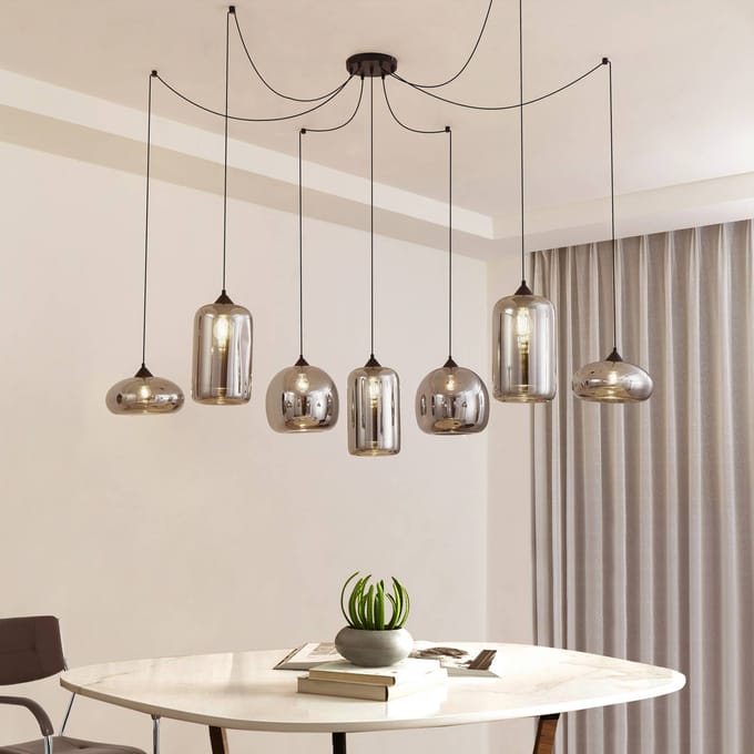 Lindby hanglamp Marla, 7-lamps, glas, rookgrijs, 128cm