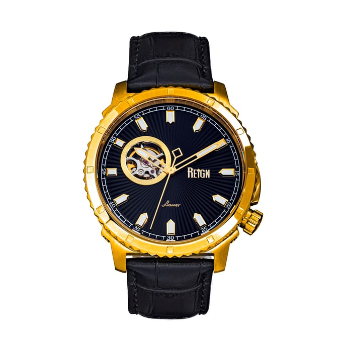 Reign Bauer automatisch semi-skelet lederen band horloge
