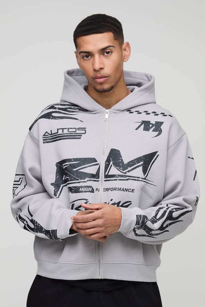 Oversized Boxy Moto Racing Flame Zip Through Hoodie | Grey | Size Small