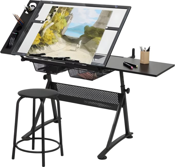 Glazen Tekentafel Verstelbaar - Tekenbureau voor Studio - Zwart