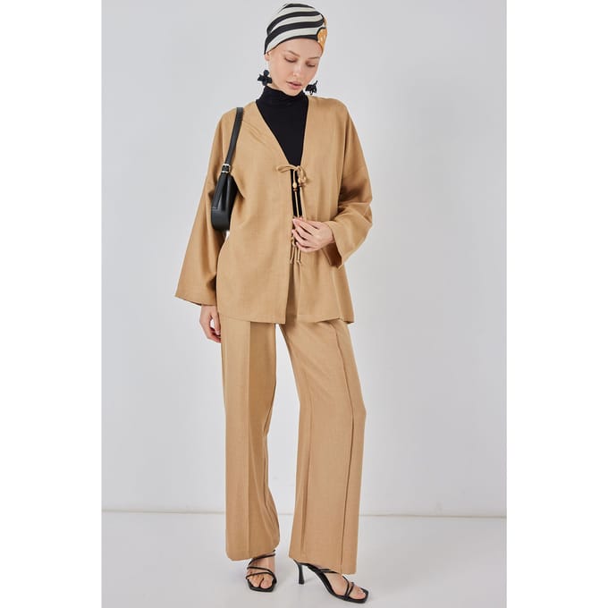 V-hals Cardigan en Wijde Pantalon Set
