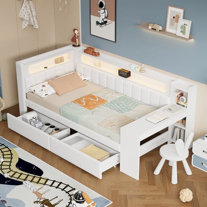 MODFU - Bedframe 90x200 cm – Wit MDF/multiplex met LED & USB – Bureau & 2 lades
