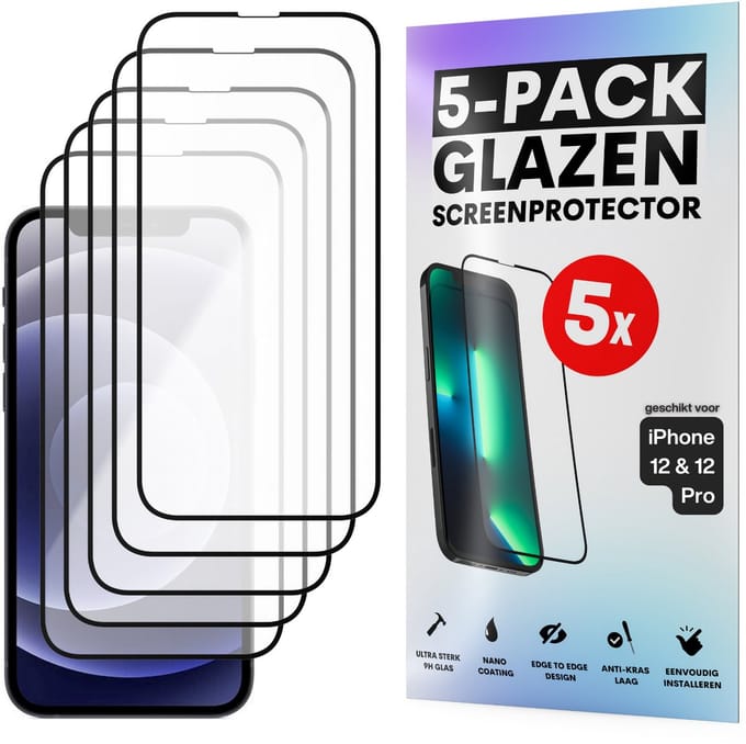 Screenprotector - Geschikt voor iPhone 12 / 12 Pro - Gehard Glas - Full Cover Tempered Glass - Case Friendly - 5 Pack