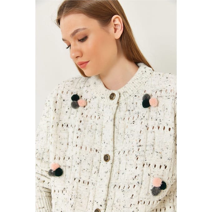 Getextureerde Trui Cardigan met Pompom