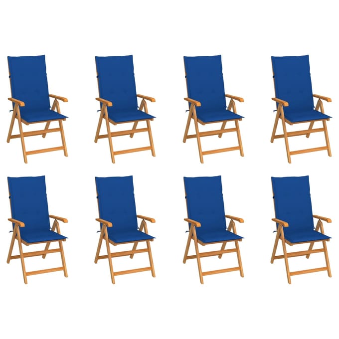 vidaXL - Verstelbare - klapstoelen - met - kussens, - 8 - stuks, - massief - teakhout