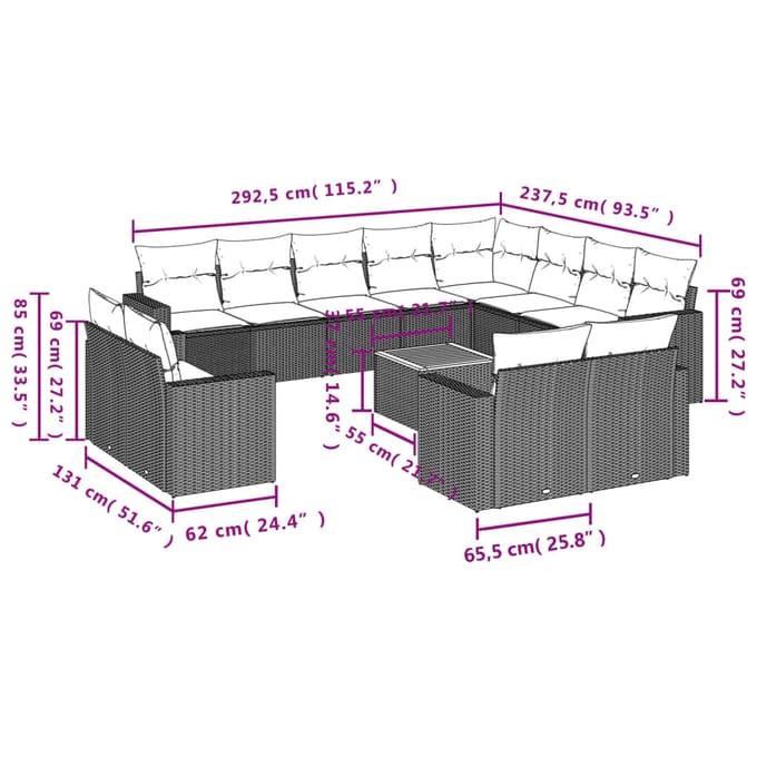 vidaXL - 13-delige - Loungeset - met - kussens - poly - rattan - beige