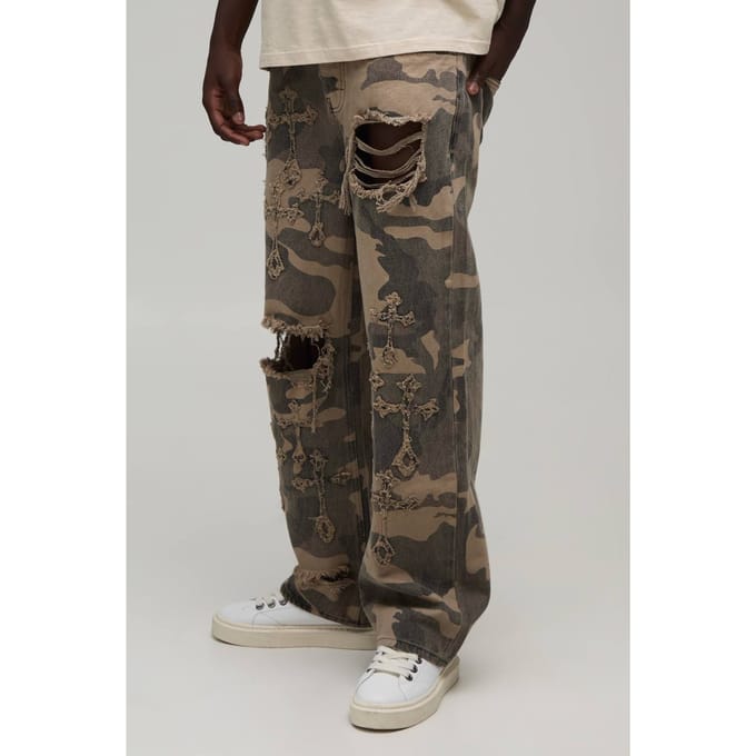 Camo Gothic Cross Distressed Relaxed Fit Jeans | Size 52R