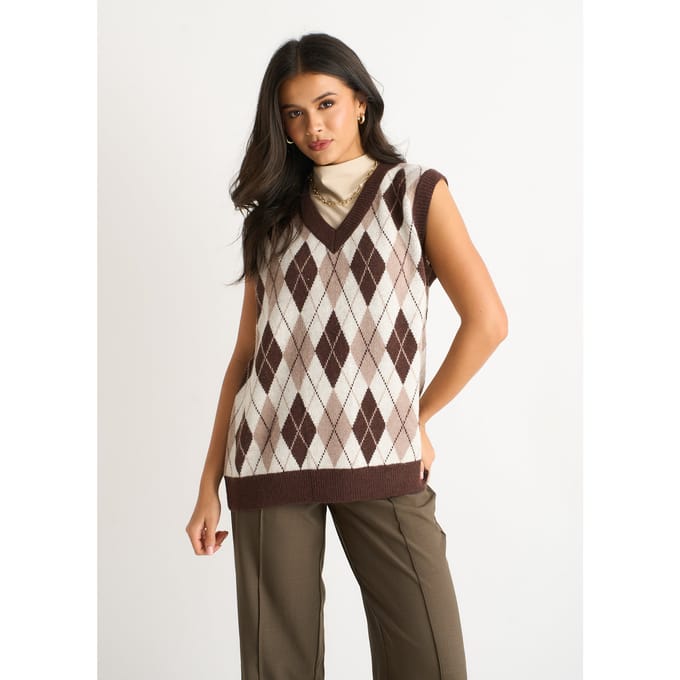 Chocoladebruine Argyle gebreide vesttrui
